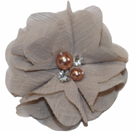 Stoffen bloem 6 cm met kraaltjes en rhinestones, beige