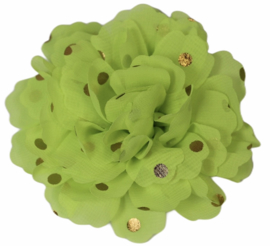 Stoffen bloem: neon geel met gouden stip 10 cm