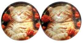 Glas cabochon 12mm poesje met oranje bloemetjes, per 2 stuks