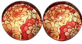 12 mm glas cabochon oranje gebloemd, per 2 stuks