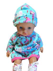 Setje: ballonjurk aquablauw met rolschaatjes ed+ mutsje My little baby born