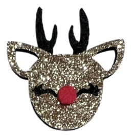Applicatie vilt: glitter rendier goud met rood neusje 26x28 mm