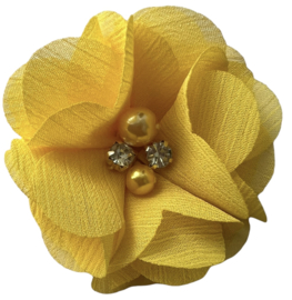 Stoffen bloem 6 cm met kraaltjes en rhinestones, geel