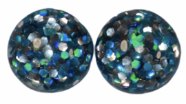 Flatback cabochon glitter blauw/zilver 12 mm, per 2 stuks