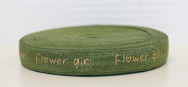 Elastisch band groen flower girl gouden tekst 16 mm: 10 meter!