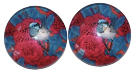 Glas flatback cabochon 12mm vogeltje met roze bloemen, per 2 stuks