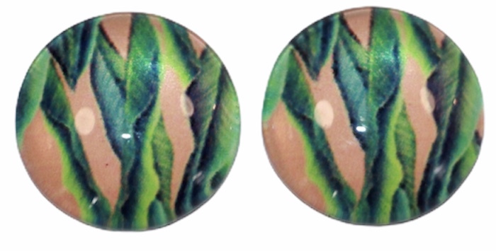 Glas flatback cabochon 12mm tropical leaves, per 2 stuks