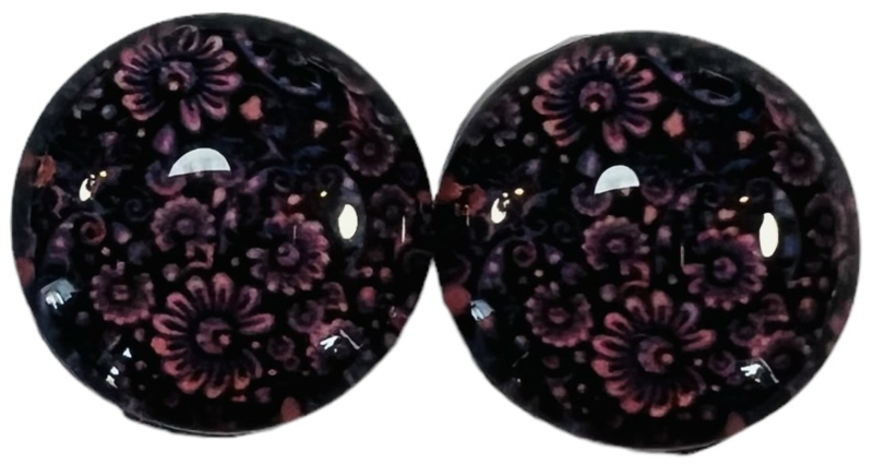 12 mm glascabochon zwart met fijne bloemetjes roze/lila, per 2 stuks