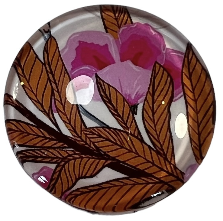 Glas cabochon 25mm: blad met bloem roestbruin/roze