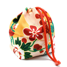せいかつ Japanese Kimono Kinchaku Handbag Lemon Yellow Camellia