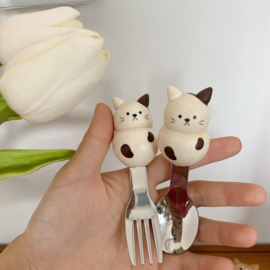 せいかつ Japanese Wood Steel Spoon and Fork Set Cat