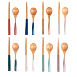 せいかつ Nippon Beechwood Spoon and Chopsticks Set with Colorful Handles Pink 22.5cm