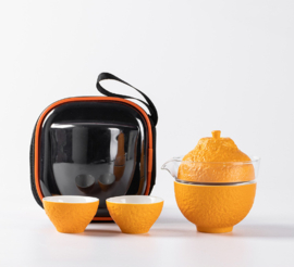 せいかつ Nippon Ceramic Portable Travel Tea Set One Pot Two Cups / Orange Transparent