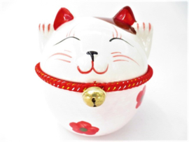 Japanese Fat Lucky Cat Money Box with Bel Rose 15cm