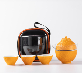 せいかつ Nippon Ceramic Portable Travel Tea Set One Pot Three Cups / Orange Transparent