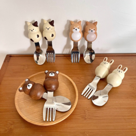せいかつ Japanese Wood Steel Spoon and Fork Set Cat