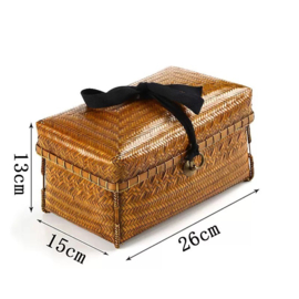 Japanese Bamboo-Knit Rectangle Painted Retro Storage Basket with Lid