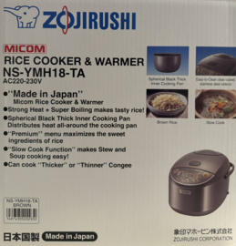 ZOJIRUSHI Rice Cooker Gokumetsu-Taki, 10 cups/220-230V, NS-YMH18 220-230V
