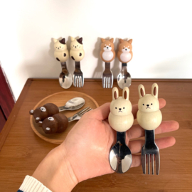 せいかつ Japanese Wood Steel Spoon and Fork Set Shiba Inu