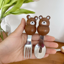 せいかつ Japanese Wood Steel Spoon and Fork Set Brown Bear
