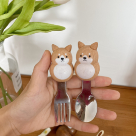 せいかつ Japanese Wood Steel Spoon and Fork Set Shiba Inu