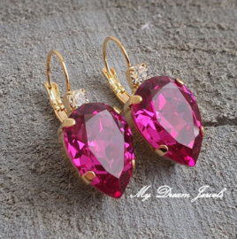 Oorbellen Druppel met Swarovski Helder Crystal & Fuchsia