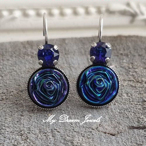 Oorbellen "Magic Blue Rose " met Swarovski Heliotrope