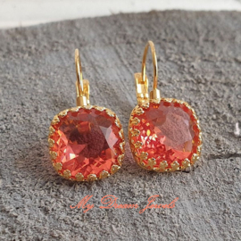 Oorbellen Crown Square met Swarovski Crystal Padparadscha unfoiled