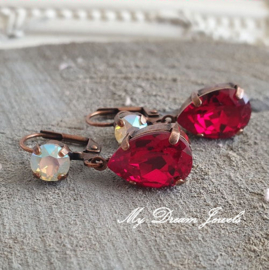 Oorhangers Mary met Swarovski Crystal White Opal Shimmer & Siam Red