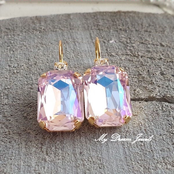 Oorbellen Octagon met o.a. Swarovski Helder Crystal & Soft Pink Shine