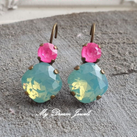 Oorbellen Square met Swarovski Neon Pink & Pacific Opal