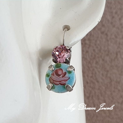 Oorbellen "Vintage Blue Shabby flower " met Swarovski