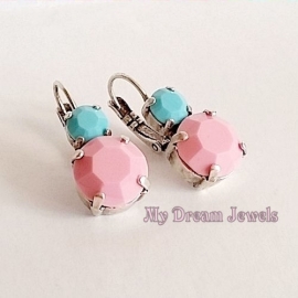 Oorbellen met Vintage Swarovski Dusty Pink & Turquoise