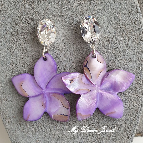 Oorstekers met Swarovski Helder Crystal en Schelp Hanger Bloem Paars