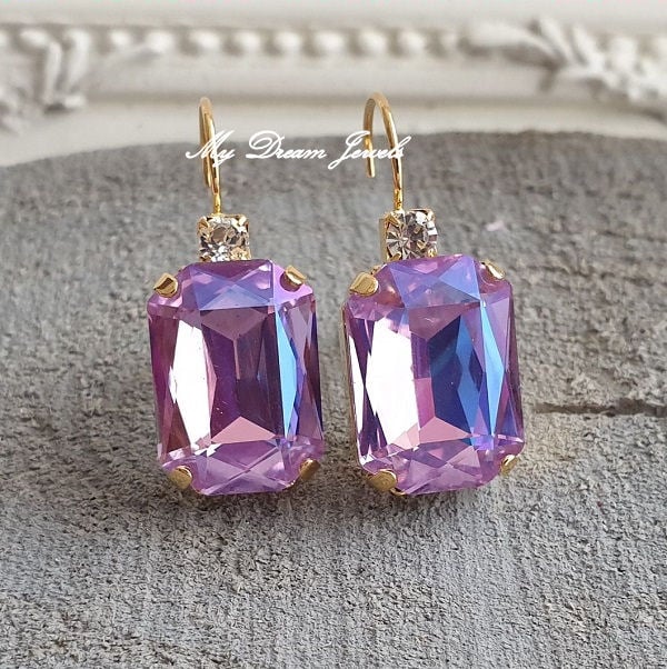 Oorbellen Octagon met o.a. Swarovski Helder Crystal & Purple Shine