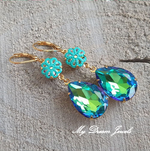 Oorhangers Surprise Flower "Blue Green Rainbow"