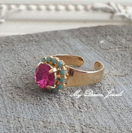 Verstelbare ring met Swarovski Fuchsia & Turquoise