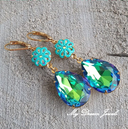 Oorhangers Surprise Flower "Blue Green Rainbow"