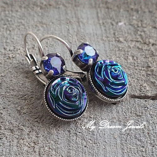 Oorbellen "Magic Blue Rose " met Swarovski Heliotrope