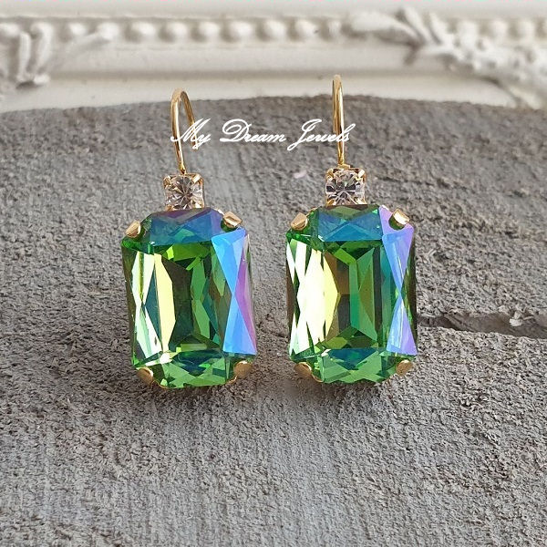 Oorbellen Octagon met o.a. Swarovski Helder Crystal & Green Shine
