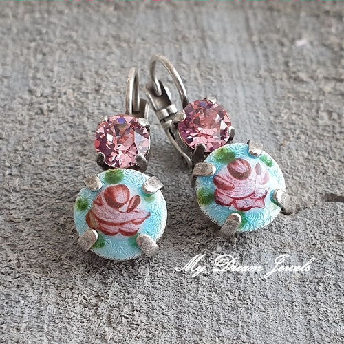Oorbellen "Vintage Blue Shabby flower " met Swarovski