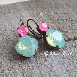 Oorbellen Square met Swarovski Neon Pink & Pacific Opal
