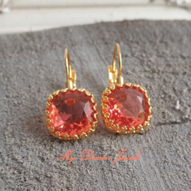 Oorbellen Crown Square met Swarovski Crystal Padparadscha unfoiled