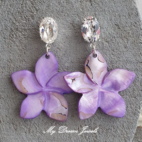Oorstekers met Swarovski Helder Crystal en Schelp Hanger Bloem Paars