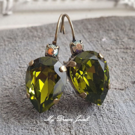 Oorbellen Druppel met Swarovski Vintage look Crystal & Olivine