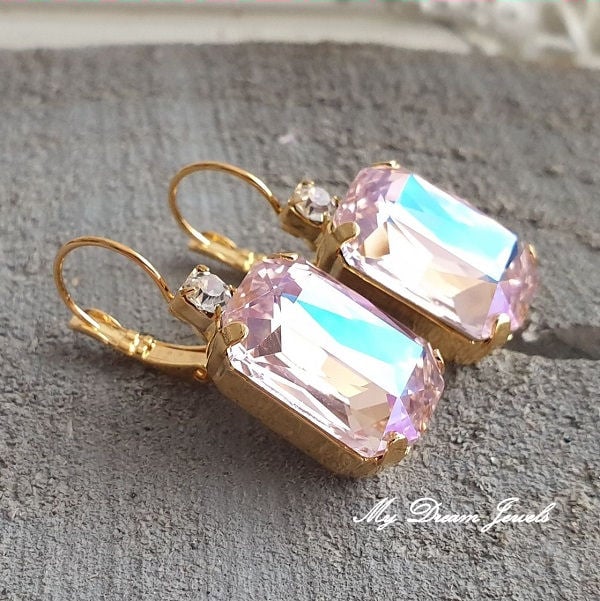 Oorbellen Octagon met o.a. Swarovski Helder Crystal & Soft Pink Shine