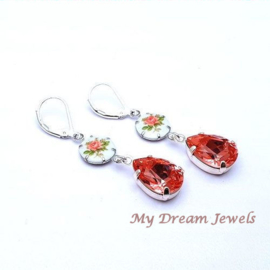 Romantische Roos oorbellen met Swarovski druppel Rose Peach