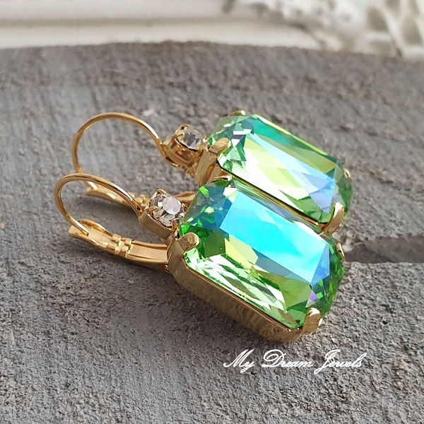 Oorbellen Octagon met o.a. Swarovski Helder Crystal & Green Shine