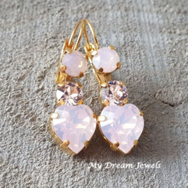 Goudkleurige Oorhangers Hart met Swarovski Rose Opal/Rosaline