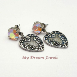 Antiek Zilverkleur Oorstekers Hart met Swarovski Crystal Rose Opal AB